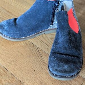 Blue Suede Ankle Boots with Red Accent